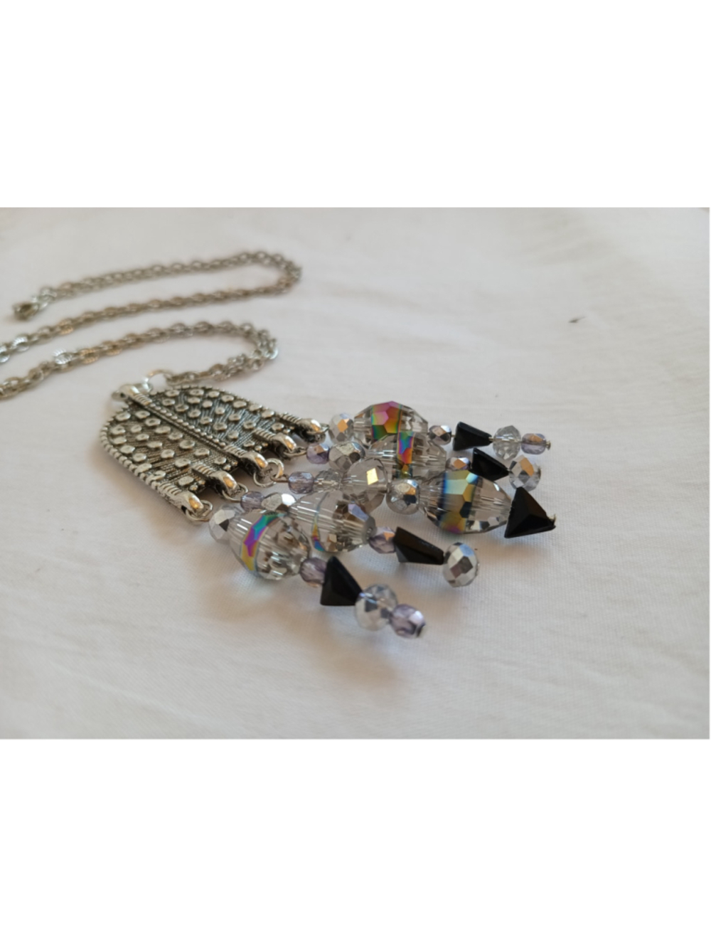 Handcrafted Etched Silver with Black Crystal Tassel fringe beaded statement boho - Picture 6 of 6